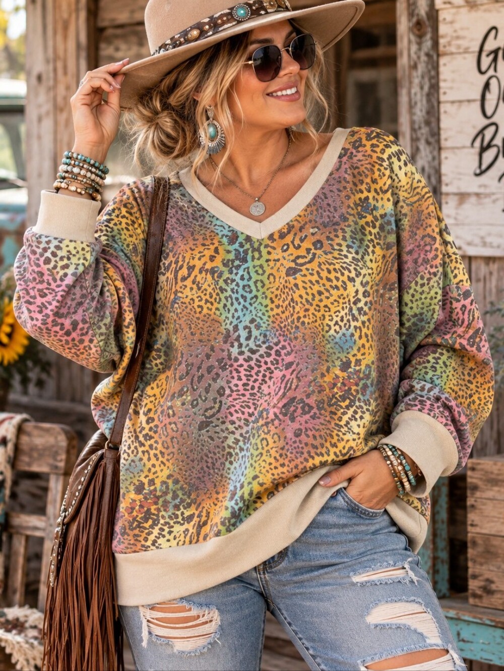 White Birch 2X Multicolor Leopard Print V-Neck Sweater Plus Size Boho